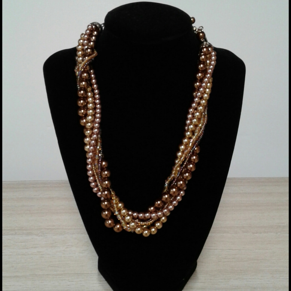 Glass Pearl and bead necklace 6 strands,gold beige